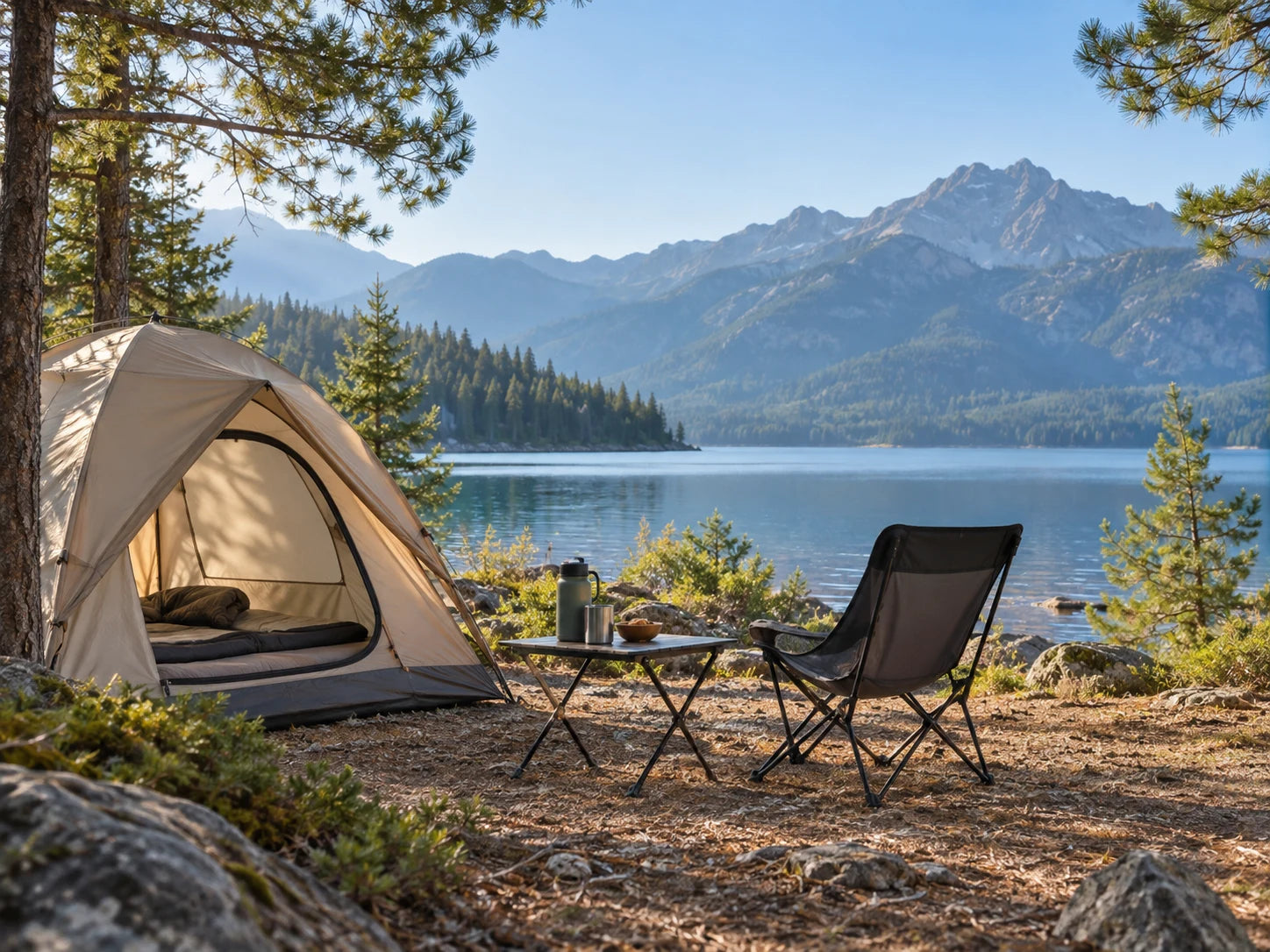 A lakeside campsite with a tent and camp chair — setting inspiration